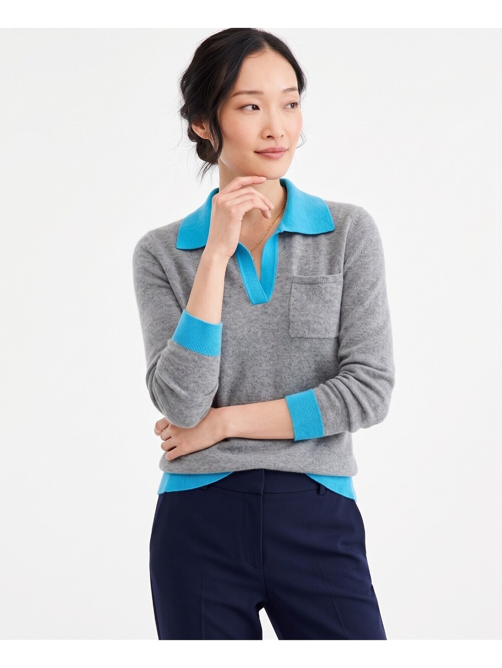 NWT Charter Club Luxury 100% Cashmere Gray Blue Polo Sweater Small